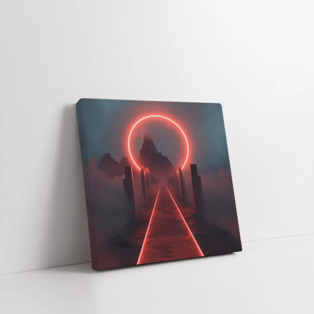Red Neon Circle Portal Misty Mountain Path – Wall Art