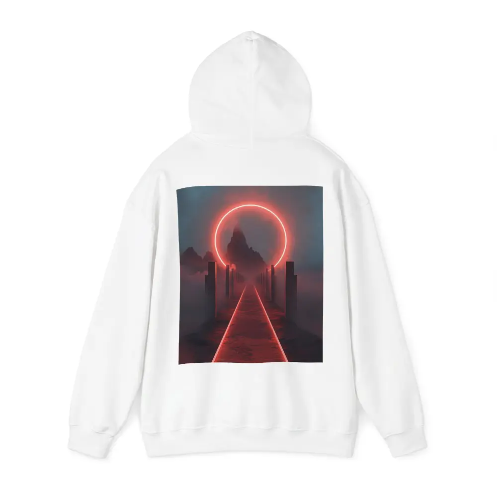 Red Neon Circle Portal Misty Mountain Path – Hoodies