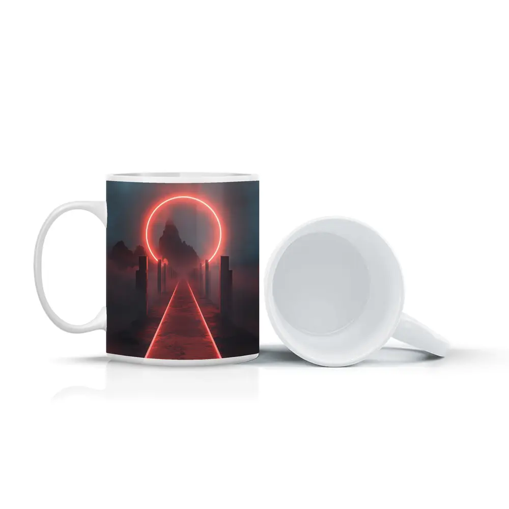 Red Neon Circle Portal Misty Mountain Path – Mugs