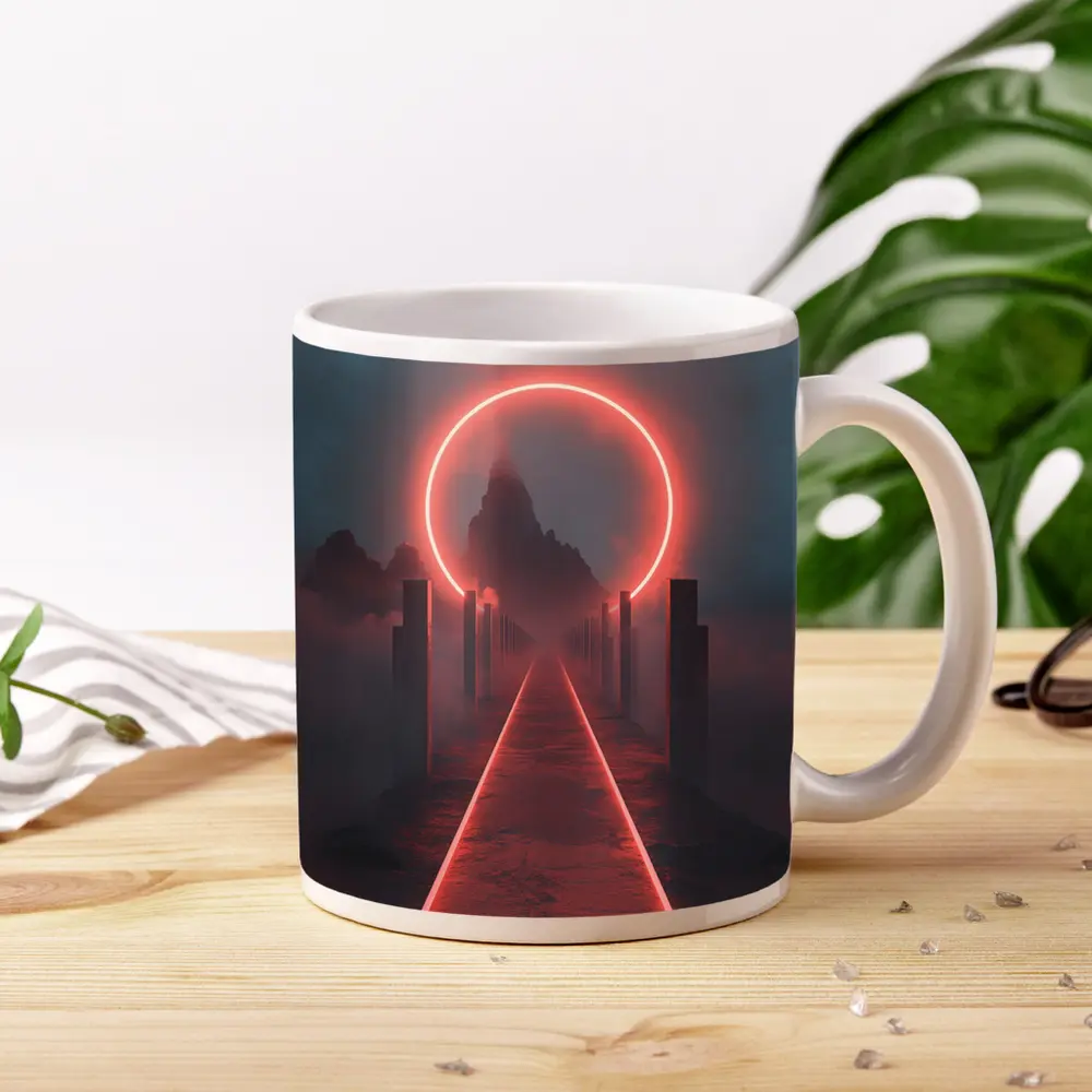 Red Neon Circle Portal Misty Mountain Path – Mugs