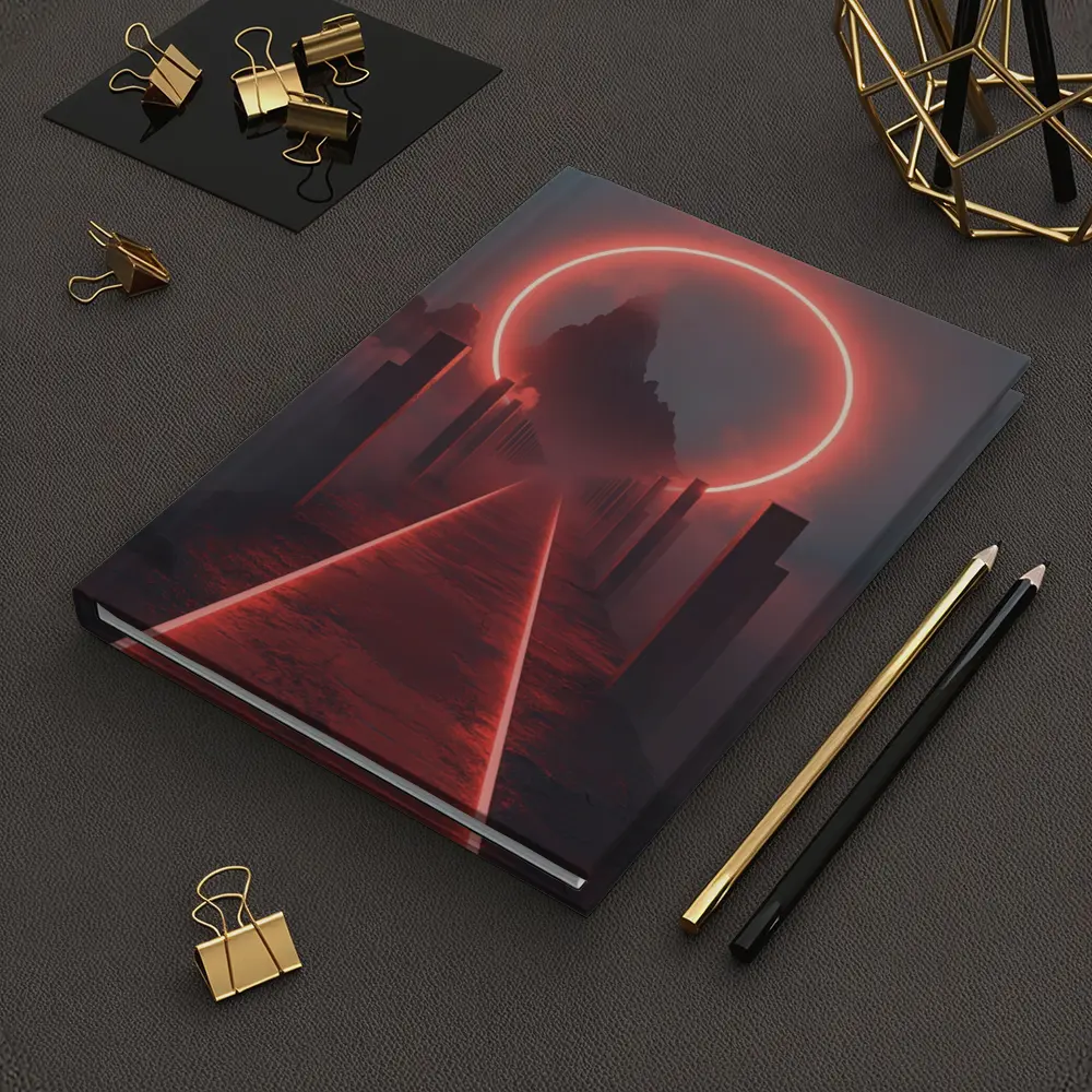 Red Neon Circle Portal Misty Mountain Path – Notebooks