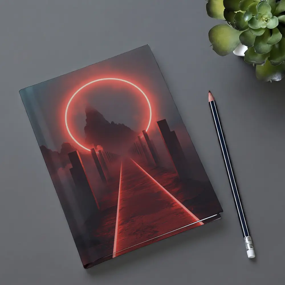 Red Neon Circle Portal Misty Mountain Path – Notebooks