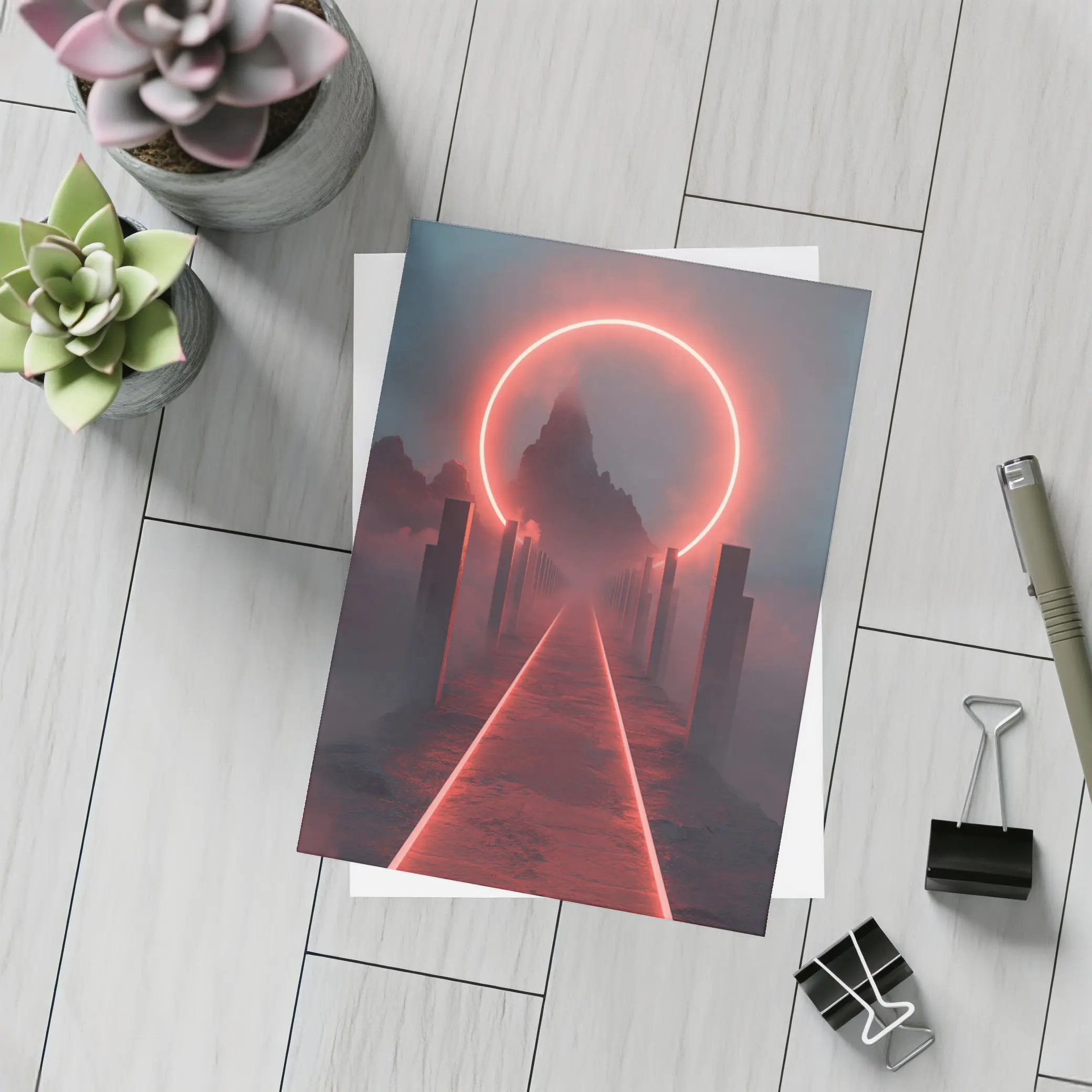 Red Neon Circle Portal Misty Mountain Path – Postcards