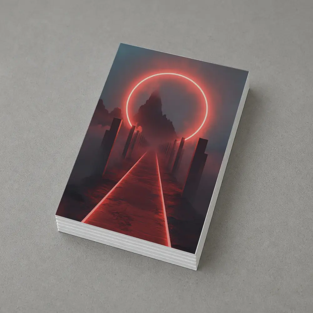 Red Neon Circle Portal Misty Mountain Path – Postcards