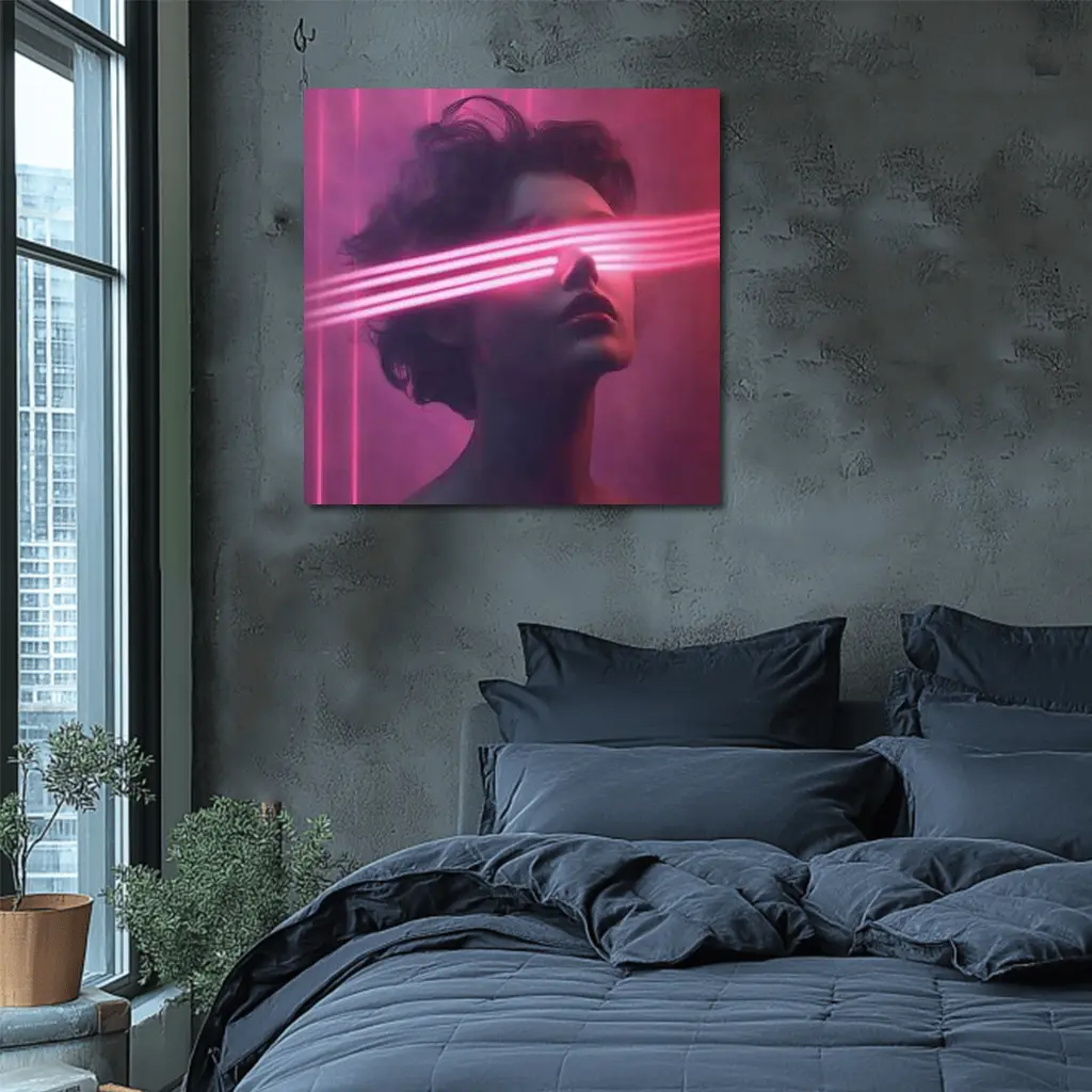 Woman With Neon Laser Beams Pink Background – Wall Art