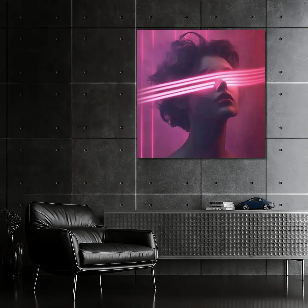 Woman With Neon Laser Beams Pink Background – Wall Art
