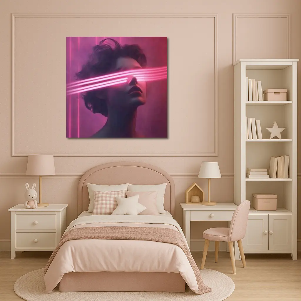 Woman With Neon Laser Beams Pink Background – Wall Art