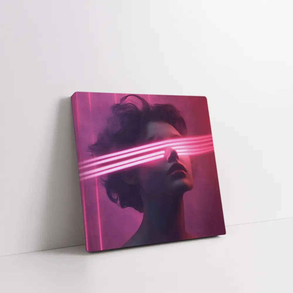 Woman With Neon Laser Beams Pink Background – Wall Art