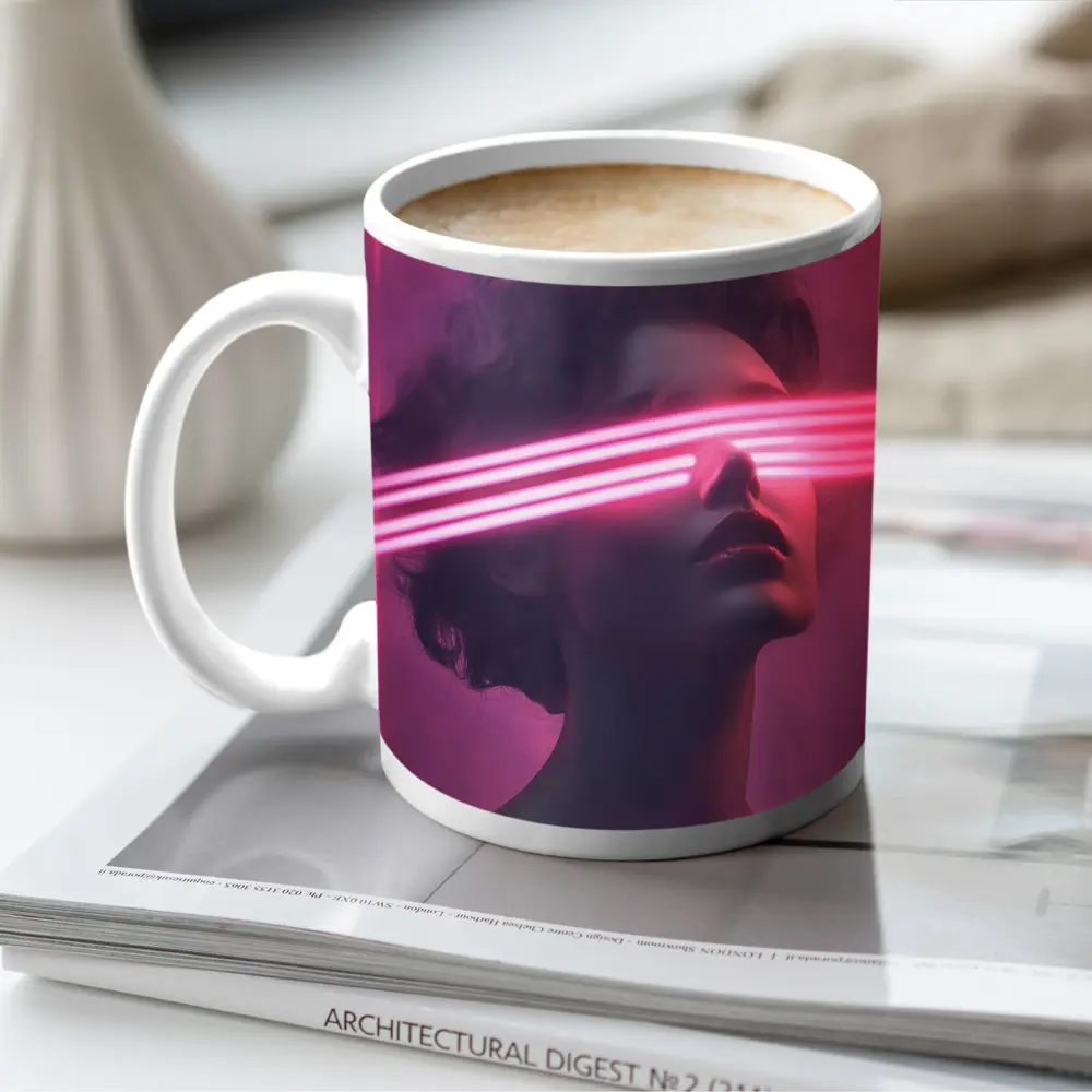Woman With Neon Laser Beams Pink Background – Mugs