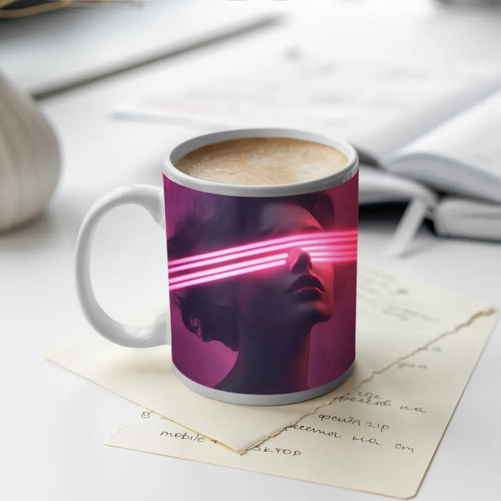 Woman With Neon Laser Beams Pink Background – Mugs