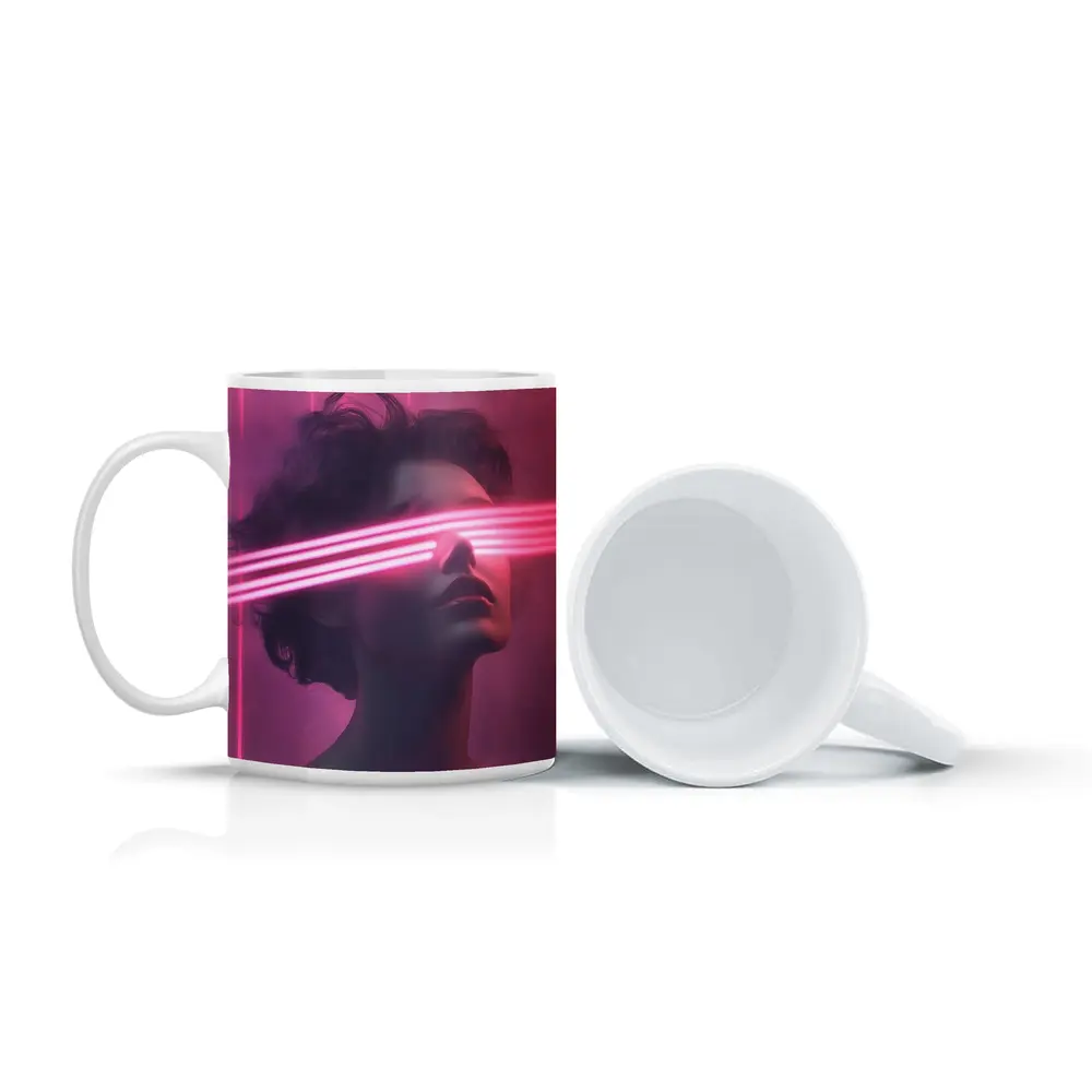 Woman With Neon Laser Beams Pink Background – Mugs