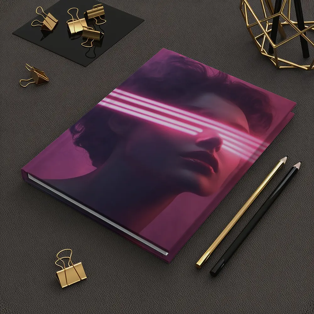 Woman With Neon Laser Beams Pink Background – Notebooks
