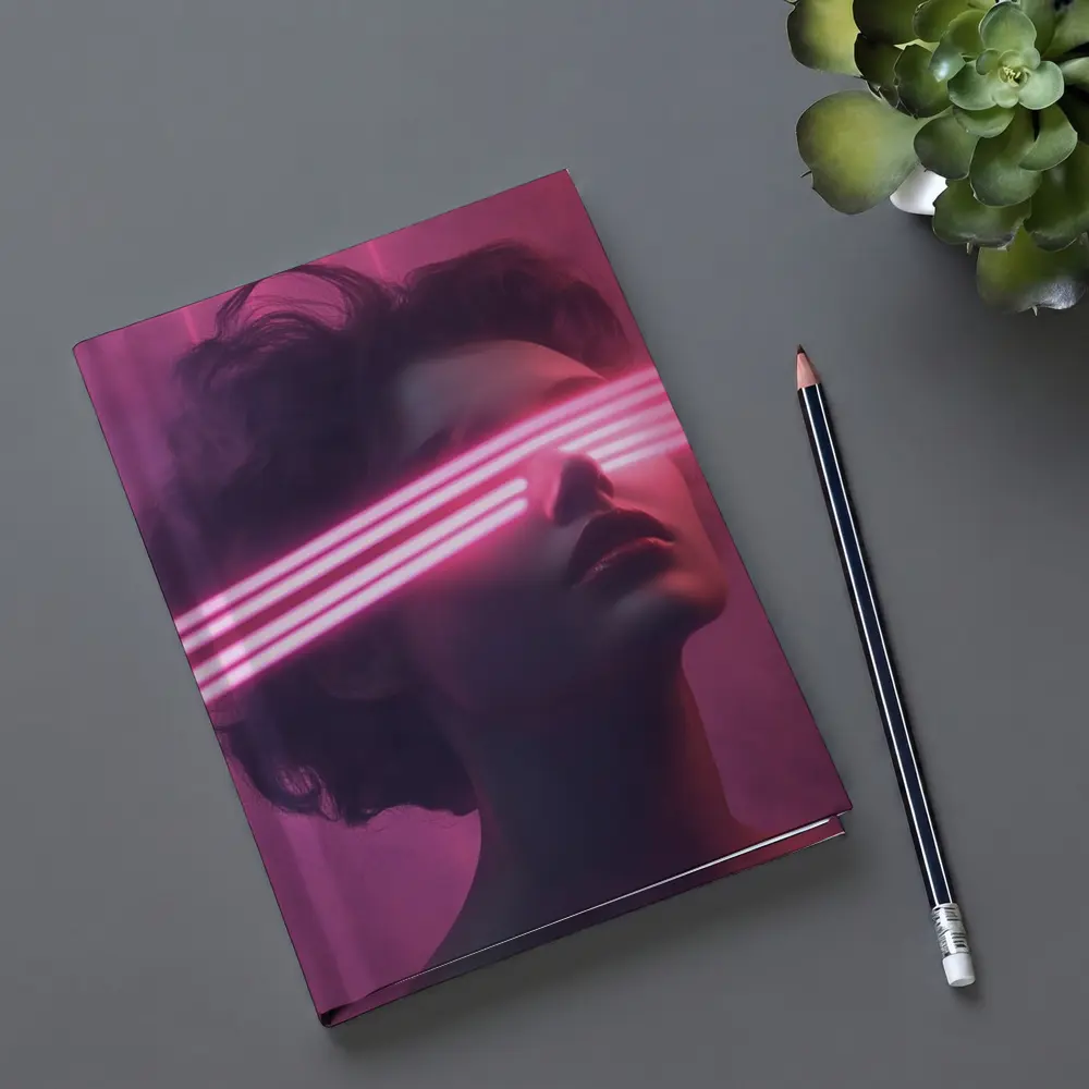Woman With Neon Laser Beams Pink Background – Notebooks