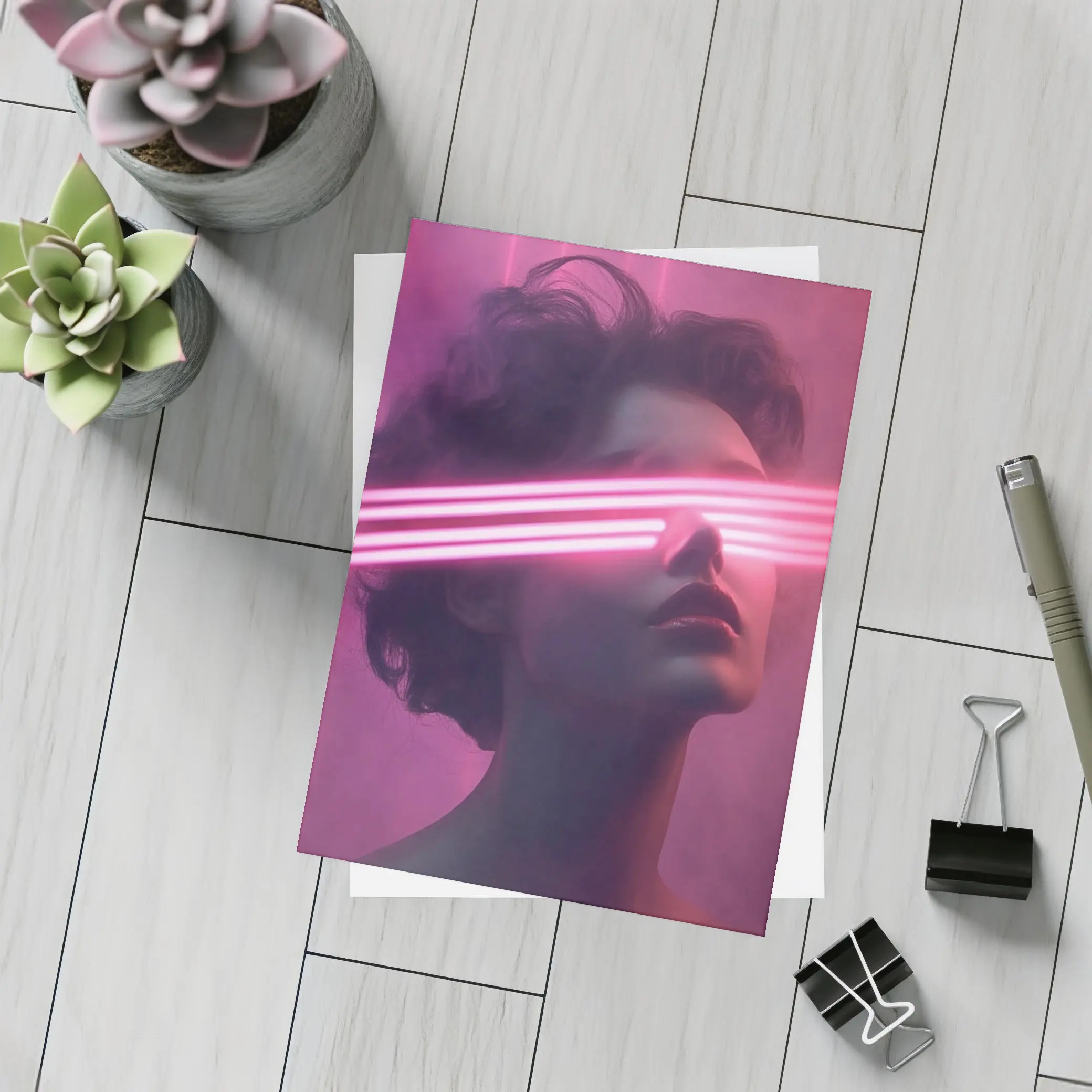 Woman With Neon Laser Beams Pink Background – Postcards