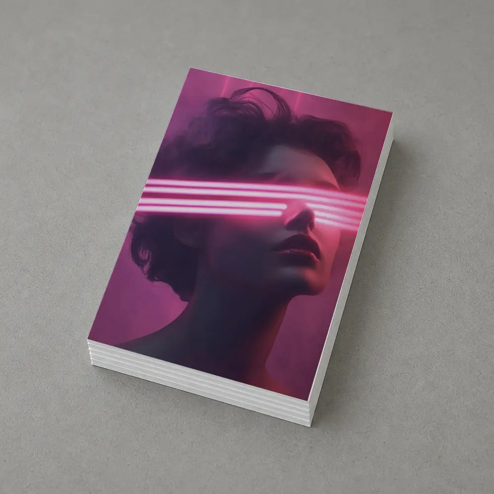 Woman With Neon Laser Beams Pink Background – Postcards