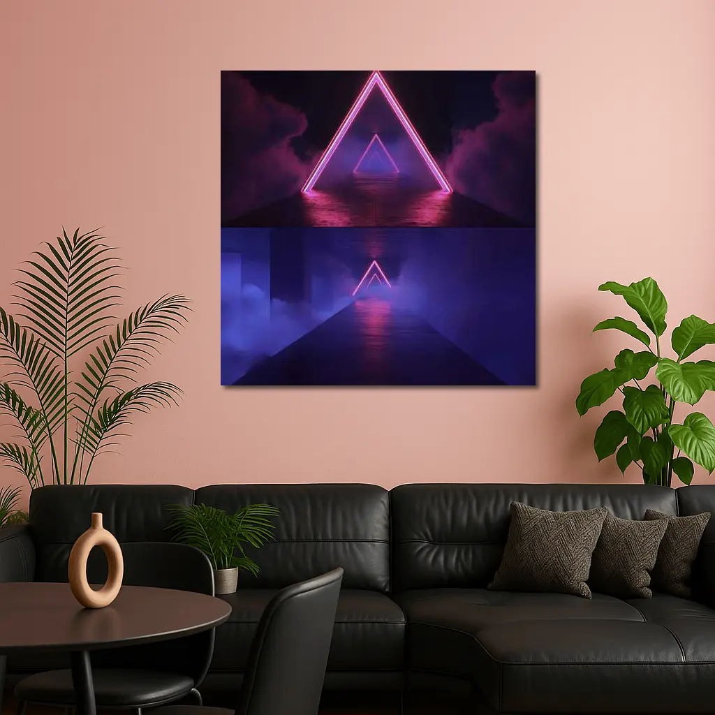 Neon Triangle Portal Dark Smoky Tunnel – Wall Art