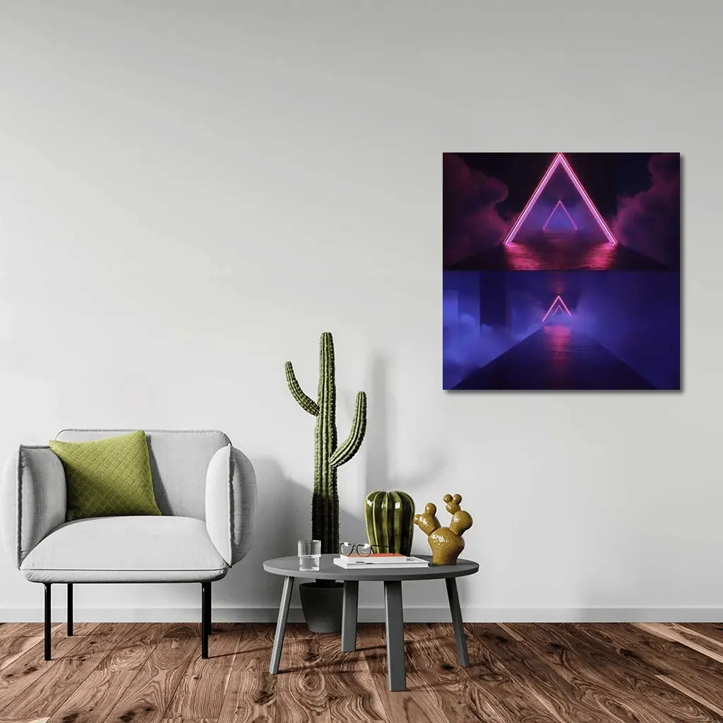 Neon Triangle Portal Dark Smoky Tunnel – Wall Art