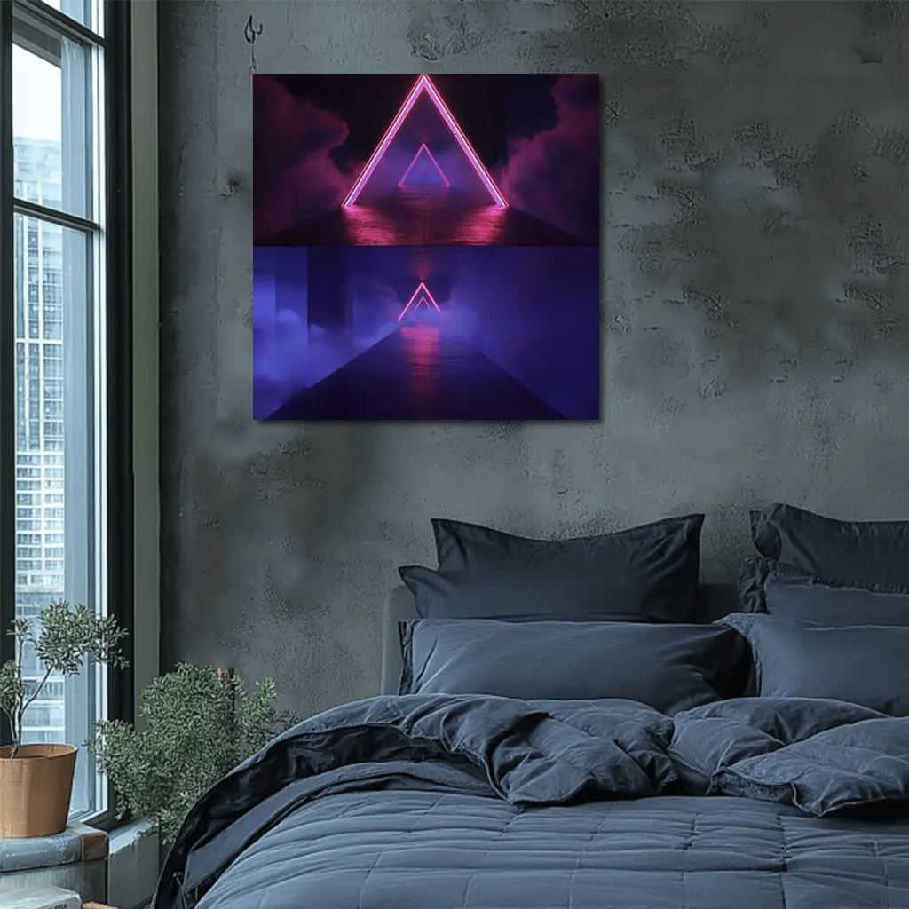 Neon Triangle Portal Dark Smoky Tunnel – Wall Art