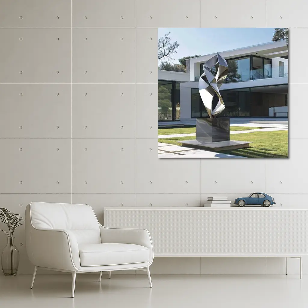 Abstract Geometric Silver Sculpture Modern House Garden – Wall Art