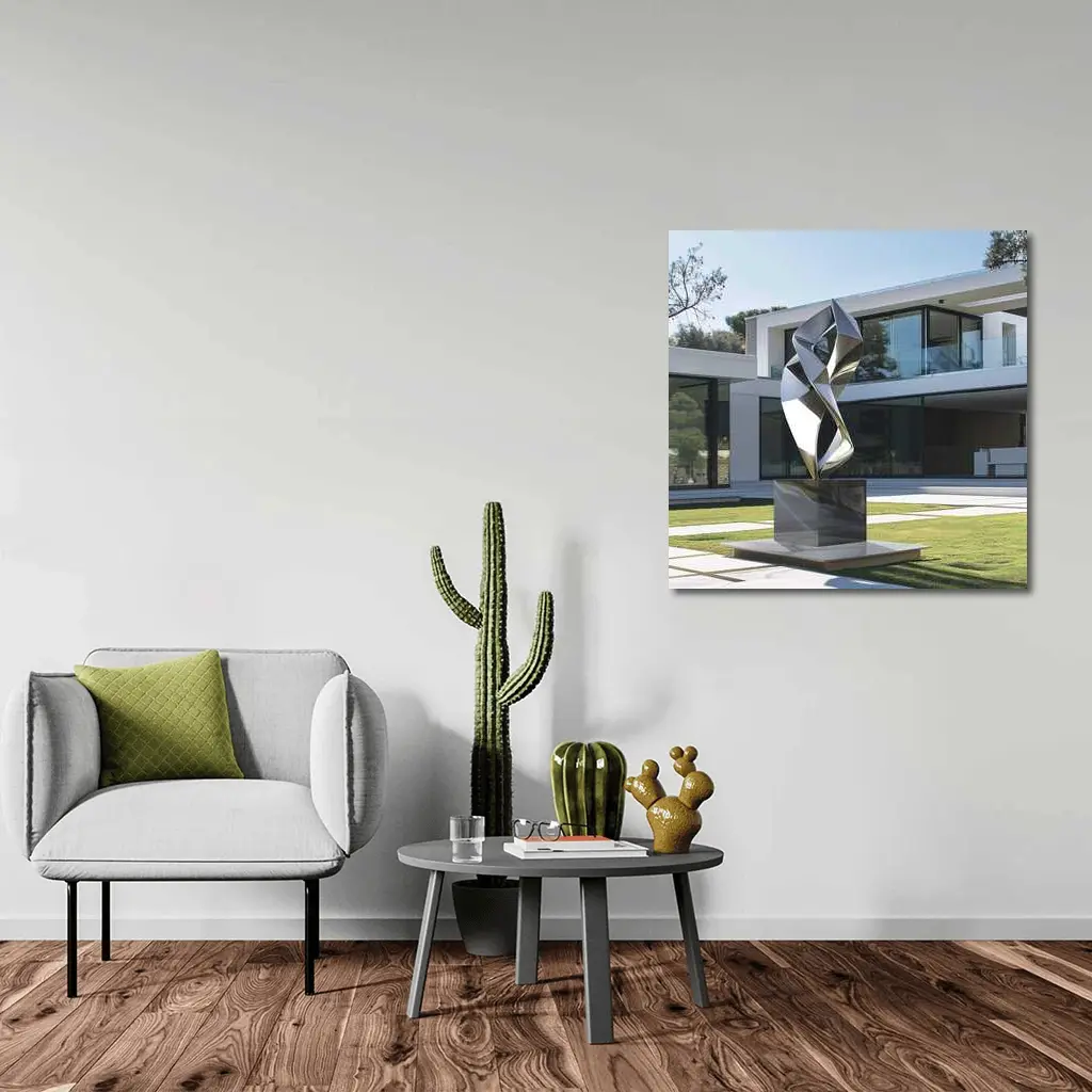 Abstract Geometric Silver Sculpture Modern House Garden – Wall Art