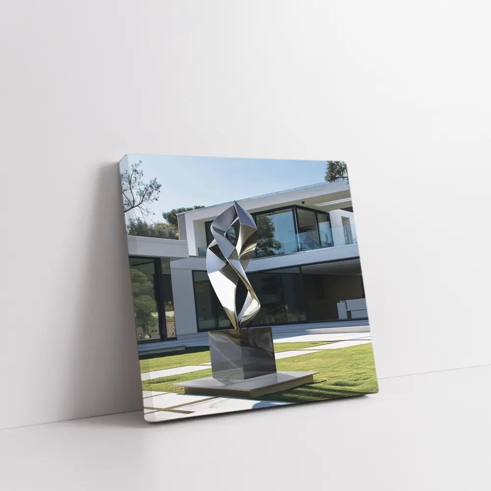 Abstract Geometric Silver Sculpture Modern House Garden – Wall Art