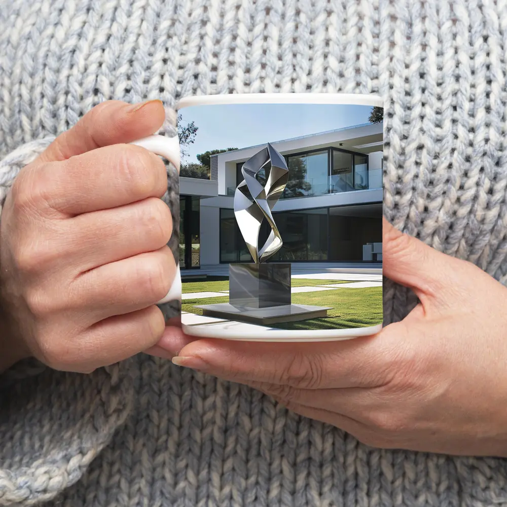 Abstract Geometric Silver Sculpture Modern House Garden – Mugs