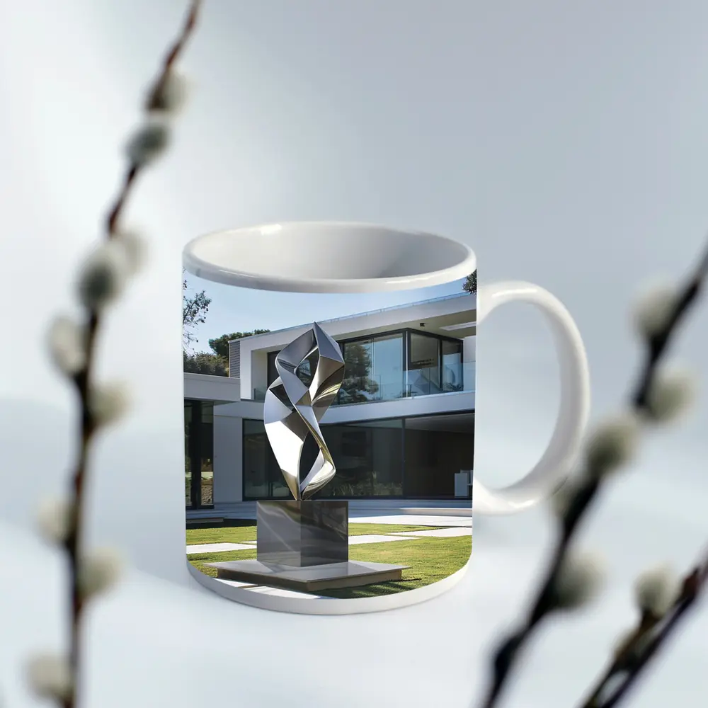 Abstract Geometric Silver Sculpture Modern House Garden – Mugs