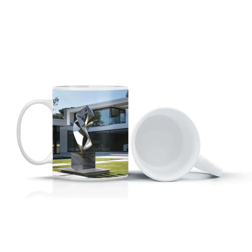 Abstract Geometric Silver Sculpture Modern House Garden – Mugs