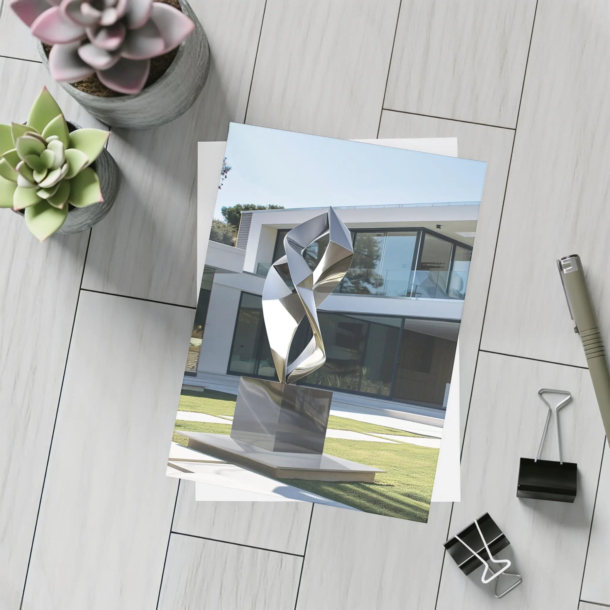 Abstract Geometric Silver Sculpture Modern House Garden – Postcards