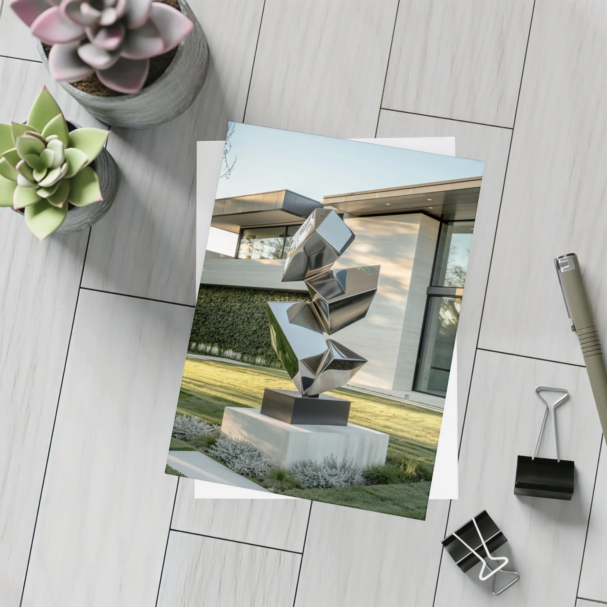 Polished Steel Abstract Sculpture Modern House Garden – Postcards