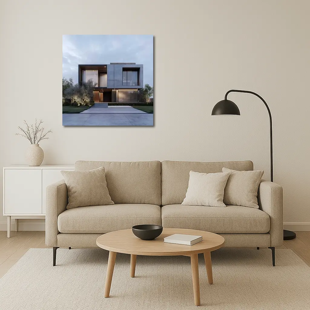 Modern Concrete House Exterior Dusk Sky – Wall Art