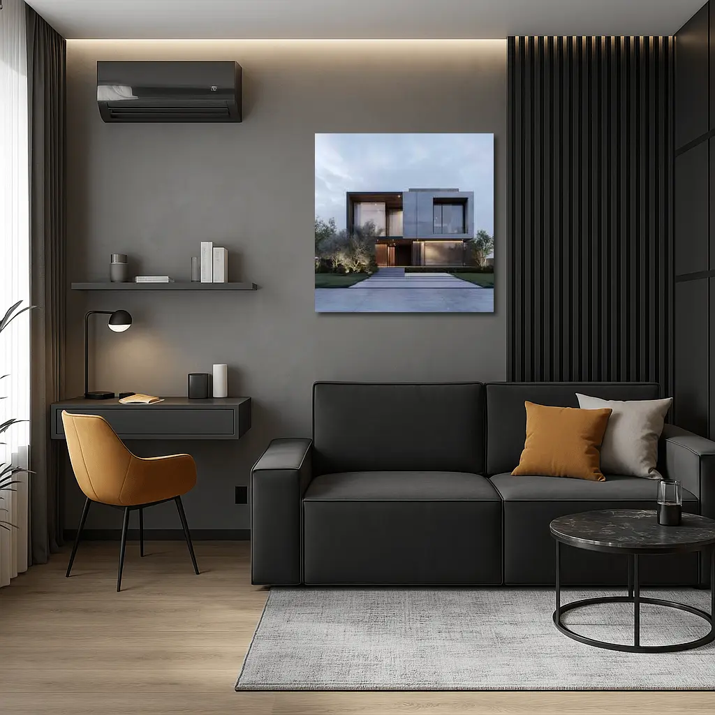 Modern Concrete House Exterior Dusk Sky – Wall Art