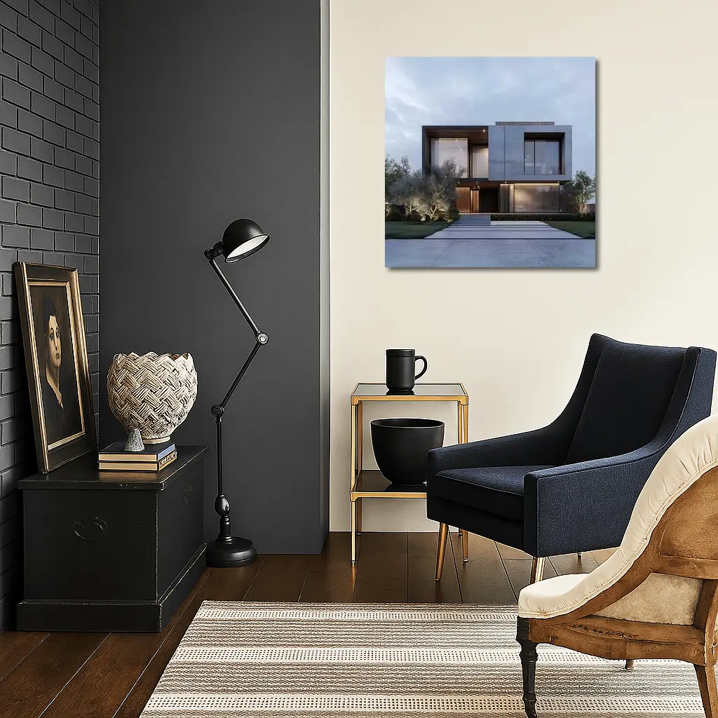 Modern Concrete House Exterior Dusk Sky – Wall Art