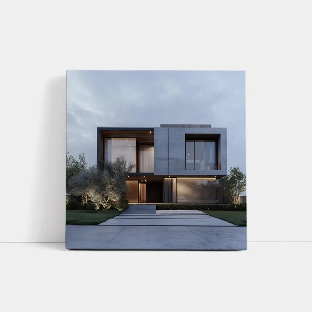 Modern Concrete House Exterior Dusk Sky – Wall Art