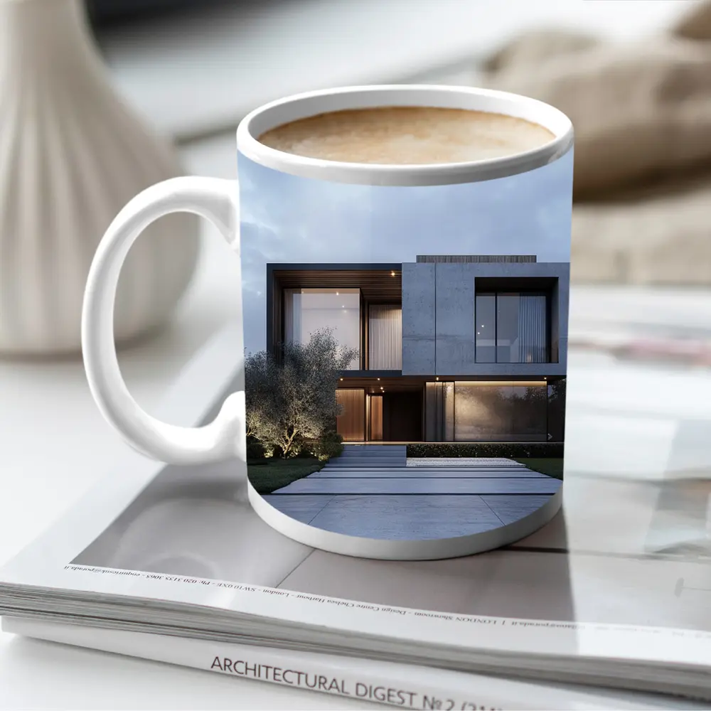 Modern Concrete House Exterior Dusk Sky – Mugs