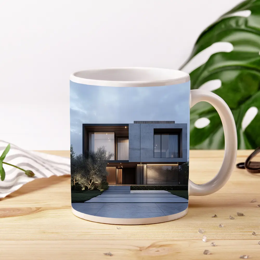 Modern Concrete House Exterior Dusk Sky – Mugs