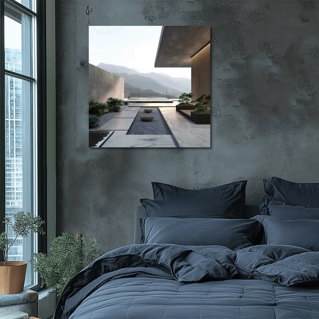 Minimalist Concrete Courtyard Mountain Landscape View – Wall Art