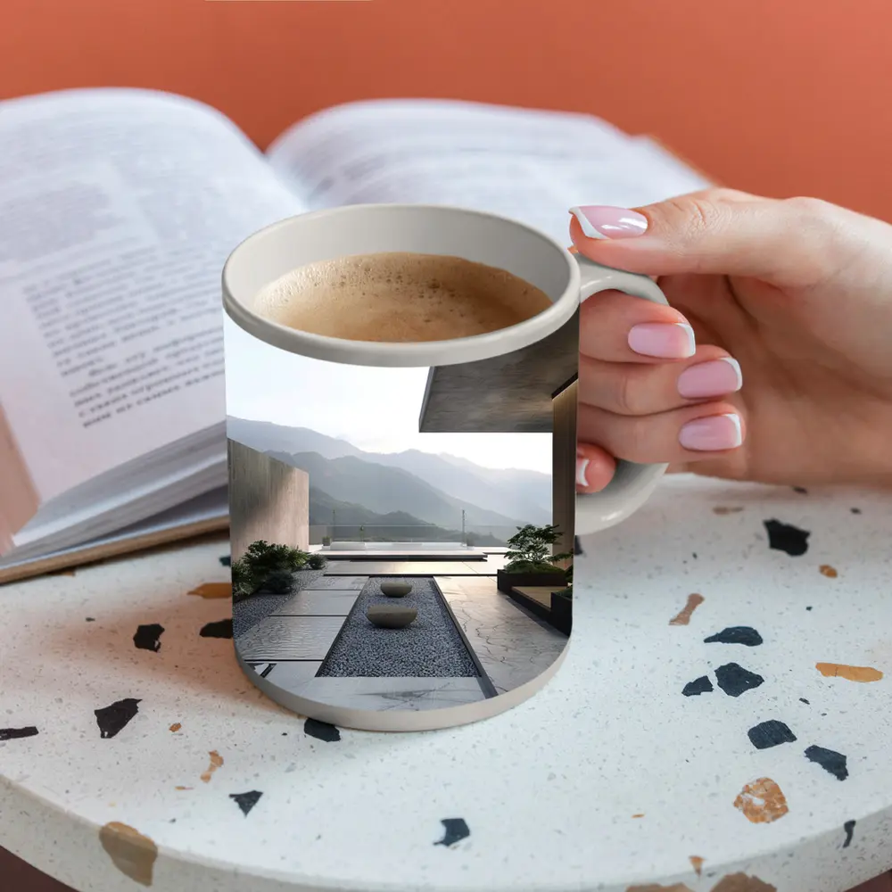 Minimalist Concrete Courtyard Mountain Landscape View – Mugs