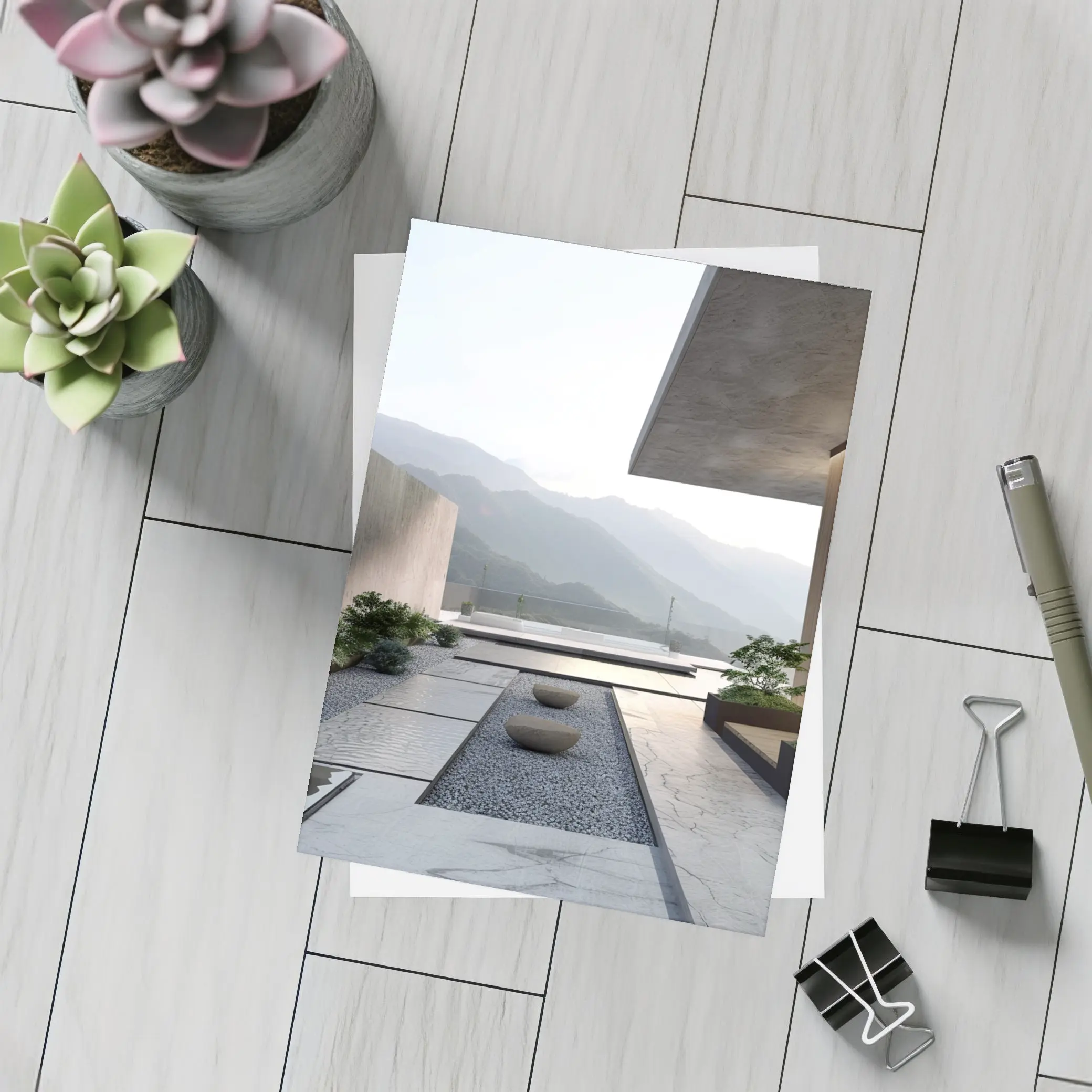 Minimalist Concrete Courtyard Mountain Landscape View – Postcards