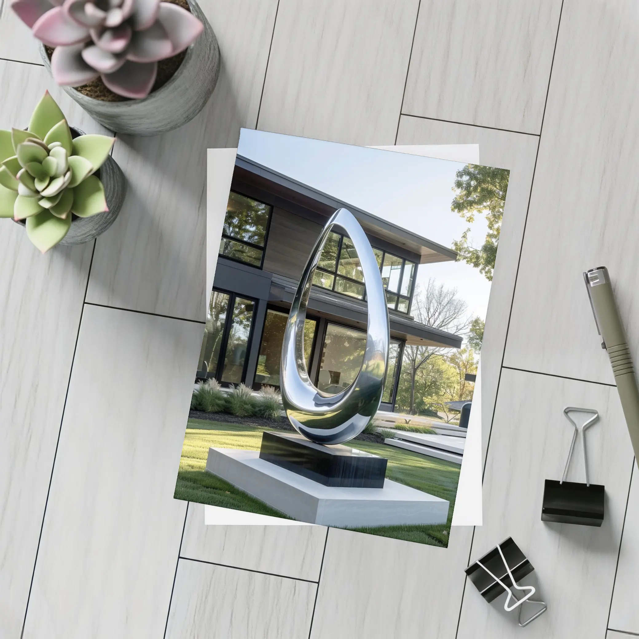 Polished Chrome Loop Sculpture Modern House Garden – Postcards