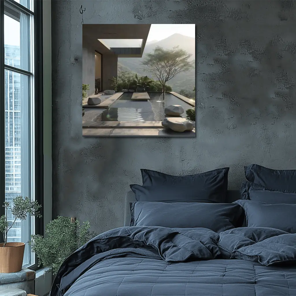 Modern Zen Courtyard Pool Mountain View – Wall Art