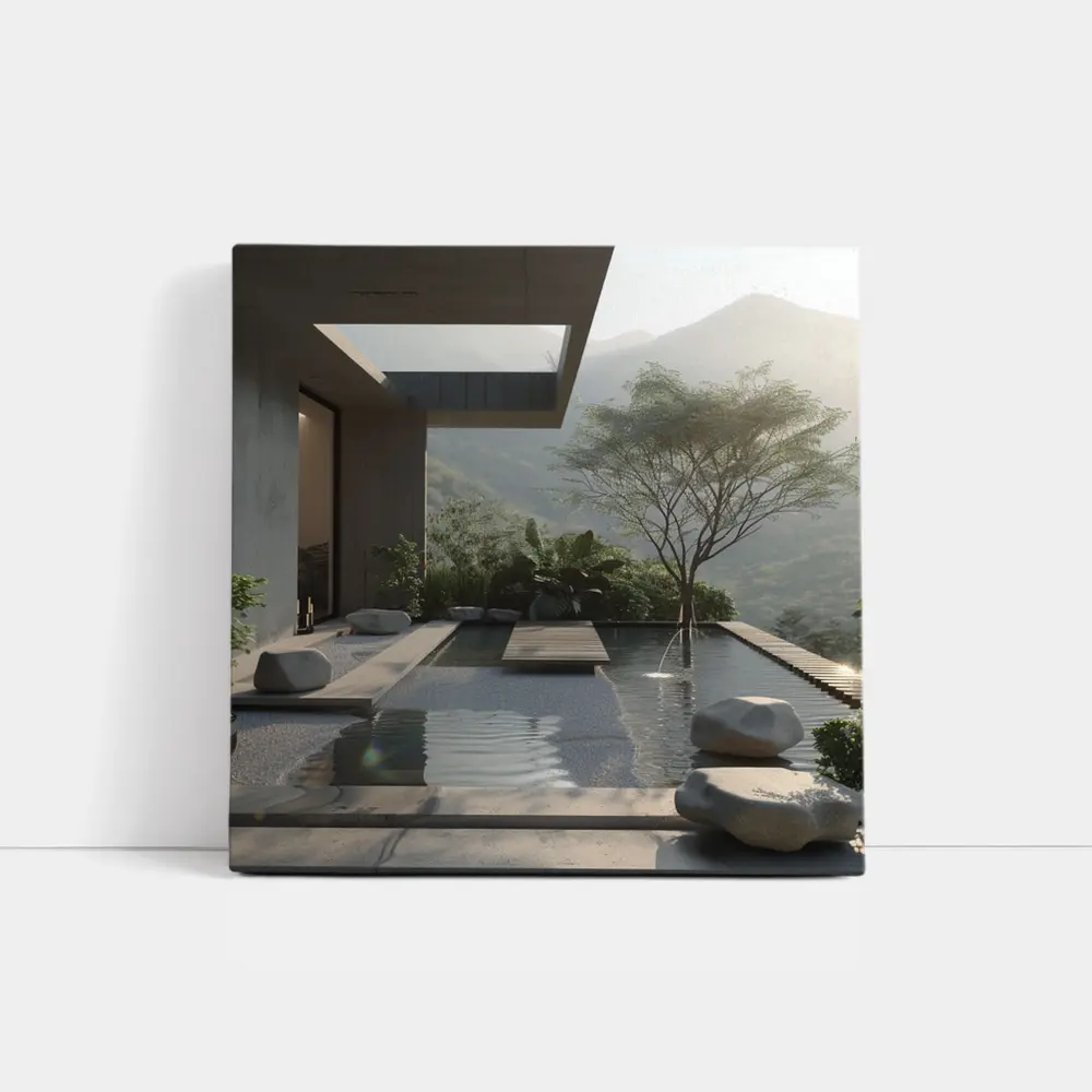 Modern Zen Courtyard Pool Mountain View – Wall Art