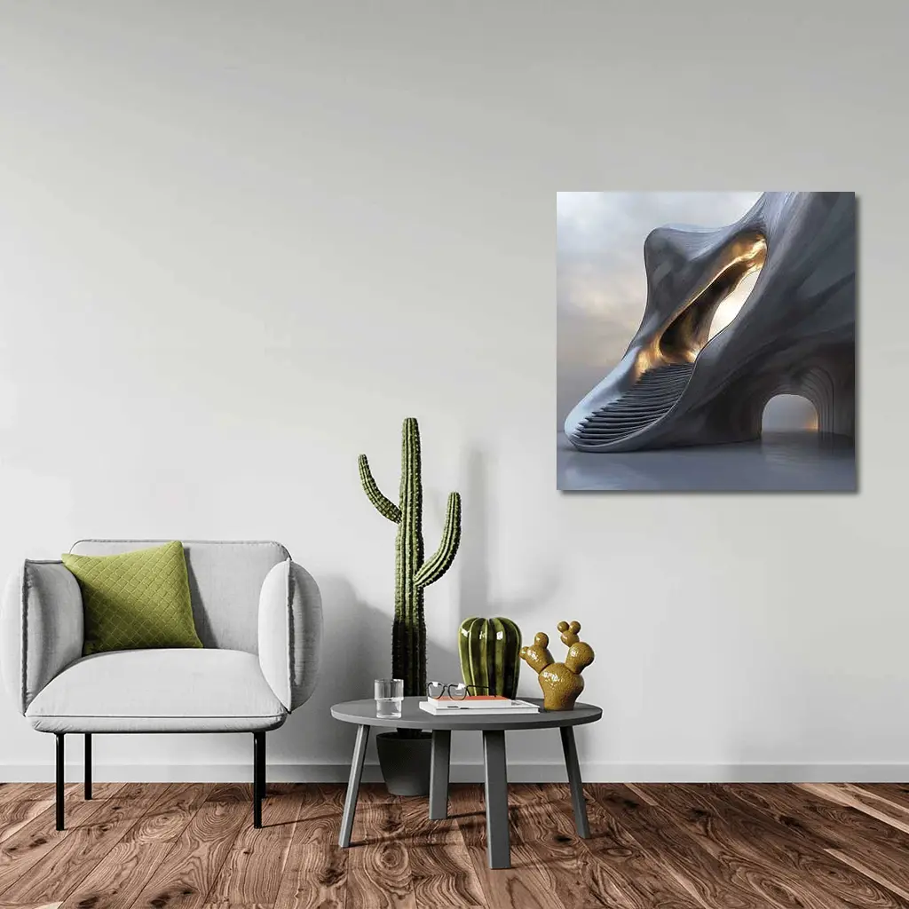 Futuristic Organic Architecture Gold Light Structure – Wall Art