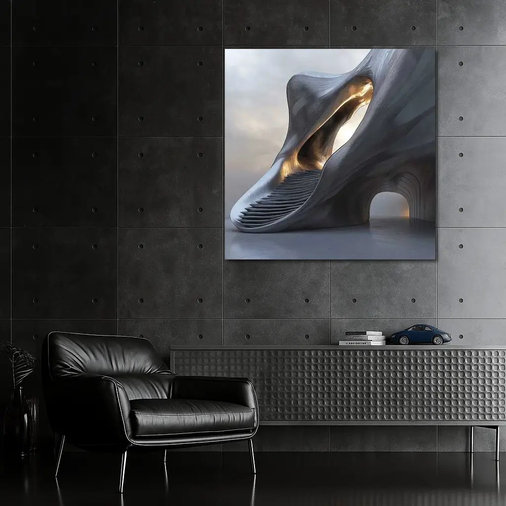 Futuristic Organic Architecture Gold Light Structure – Wall Art