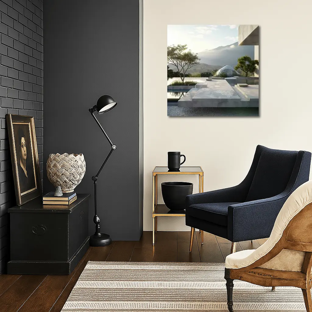 Minimalist Concrete Garden Architecture Mountain Backdrop – Wall Art