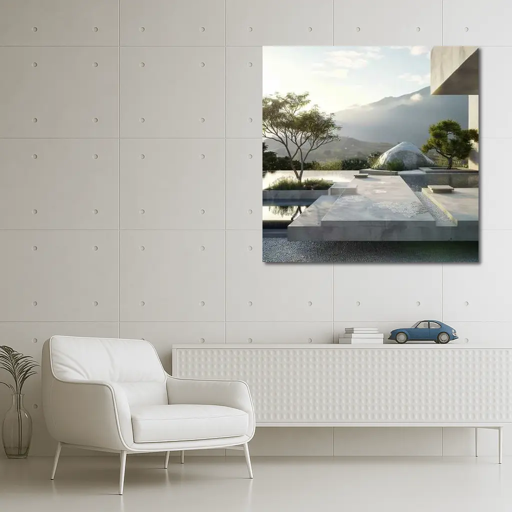 Minimalist Concrete Garden Architecture Mountain Backdrop – Wall Art