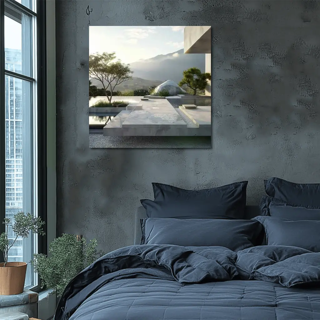 Minimalist Concrete Garden Architecture Mountain Backdrop – Wall Art