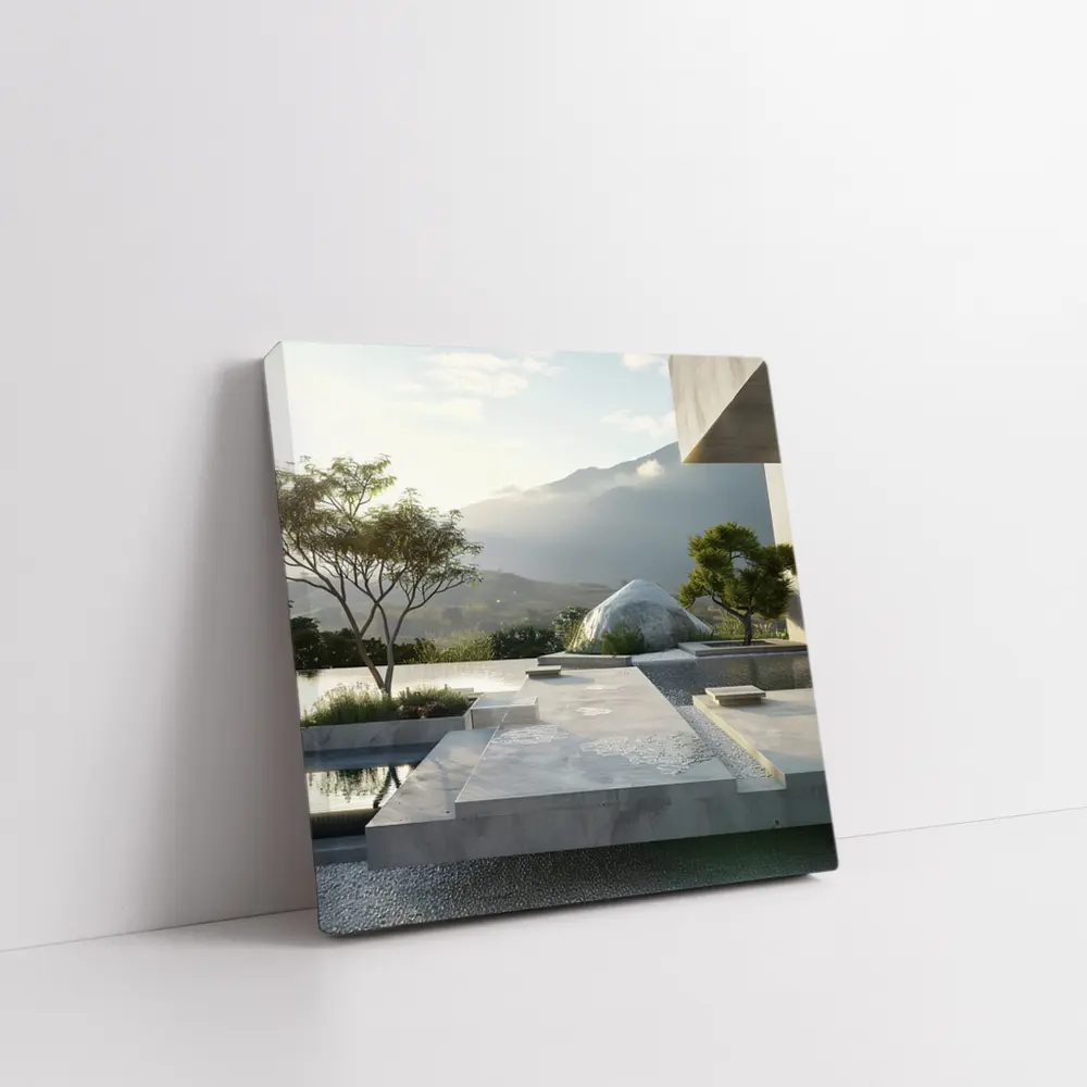 Minimalist Concrete Garden Architecture Mountain Backdrop – Wall Art