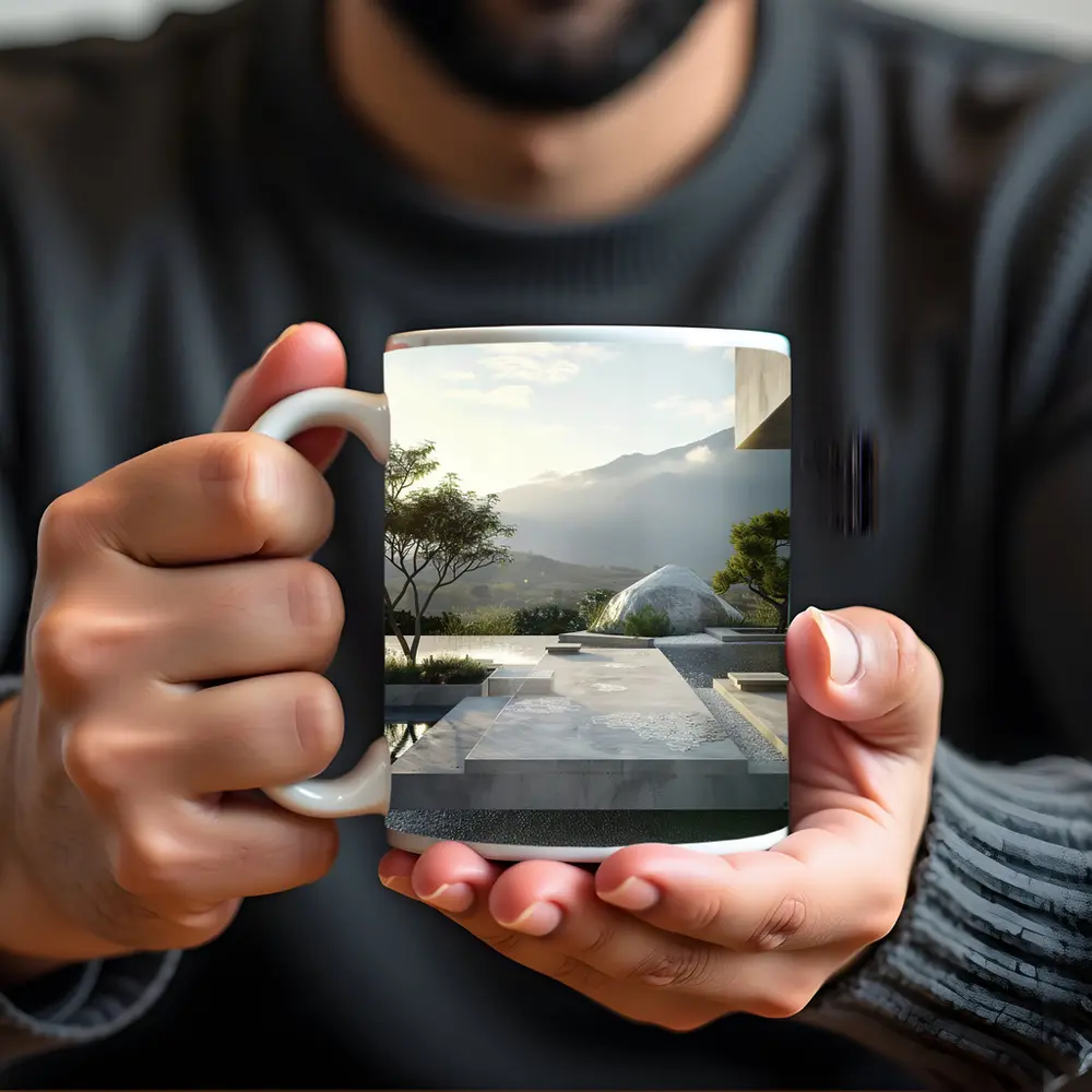 Minimalist Concrete Garden Architecture Mountain Backdrop – Mugs