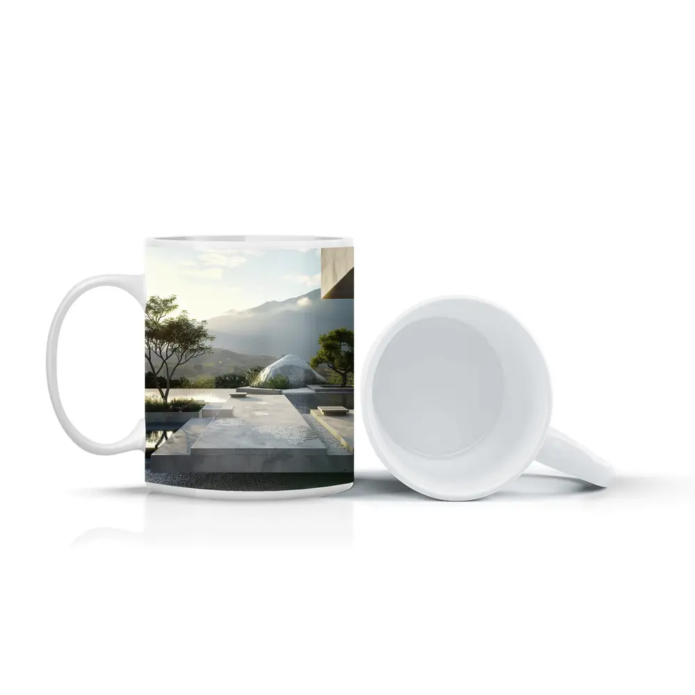 Minimalist Concrete Garden Architecture Mountain Backdrop – Mugs